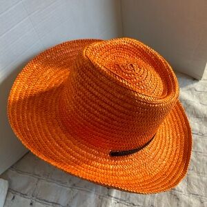 ARLIN RN7008 100% STRAW ORANGE FEDORA WITH CHIN BLACK STRAP & BAND O/S